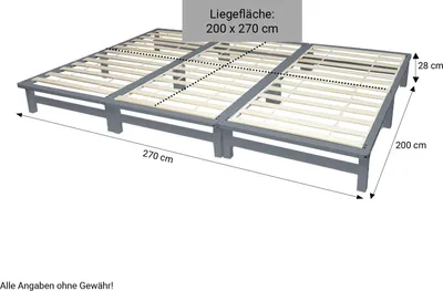 Produktbild von Homestyle4u Holzbett 270x200 mit Lattenrost Familienbett Palettenbett Bettgestell Grau Kiefer Massivholz Futonbett