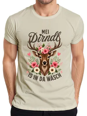 Obrázok produktu pre Tradičný ženský kostým Mei Dirndl, vzor "Reh Kitz Blumen", kožená nohavica, pánske tričko s motívom "Alpen", farba: prírodná, veľkosť: XL