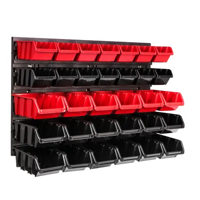 Image de Panneau à outils mural 57,6 x 39 cm avec 32 pcs. Boîtes suspendues rouges et noires Boîtes empilables