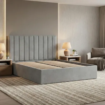 Produktbild von Polsterbett POLLA 160x200 mit Holzlattenrost, Doppelbett ohne Bettkasten, Bettgestell mit gepolstertem Kopfteil Grau Samt