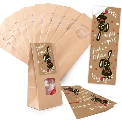 Produktbild von 25 kleine braune Papiertüten Ostertüten Osternest mit Fenster + Pergamin-Einlage 10,5 x 6,5 x 29 cm + 25 Osteraufkleber 5 x 15 cm vintage Hase Osterhase Ostern Herz rot Verpackung Geschenke Aufkleber"Frohe Ostern" Hase braun schwarz / 5 Stück