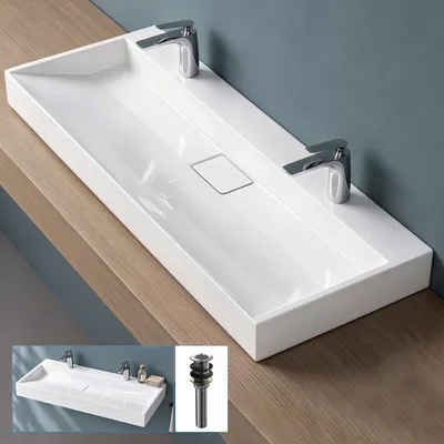 Produktbild von doporro Waschbecken Aufsatzwaschbecken Mineralguss Hängewaschbecken Waschtisch weiß 120x46x11cm mit 2 Armaturloch inkl. Ablaufgarnitur Colossum19