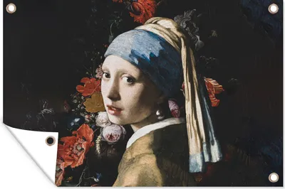 Produktbild von MuchoWow® 120x80 cm Outdoor-Poster Gartendeko Sichtschutz Garten Poster für den Garten  Das Mädchen mit dem Perlenohrring - Vermeer - Blumen
