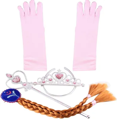 Produktbild von Mädchen Prinzessin Set aus Handschuhe, Diadem, Zauberstab, Zopf für Karneval Kostüm: Aurora, Dornröschen, Anna, Hell-Rosa / braun