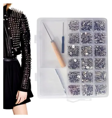 Produktbild von Nieten für Kleidung | 455 Stück Punk-Nieten aus Zinklegierung, 11 Größen mit Befestigungswerkzeug und Box | für Gothic-Hüte, Hosen, Taschen, Tote, Kragen, Tierbekleidung, Jeans