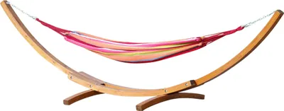 Produktbild von ALEOS. 410cm XXL Luxus Hängemattengestell Limited Edition Mona Hängematte mit Gestell aus Holz Lärche mit Tuchhängematte, Ketten Karabiner und Schrauben aus Edelstahl