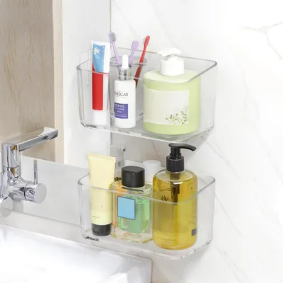 Image de Étagère de douche sans perçage, transparente, lot de 2, avec trous de drainage, pour la salle de bain