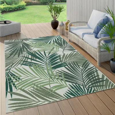 Produktbild von Outdoor Teppich Wetterfest Balkon Palmen Dschungel Florales Boho Muster Grün Grösse 80x150 cm