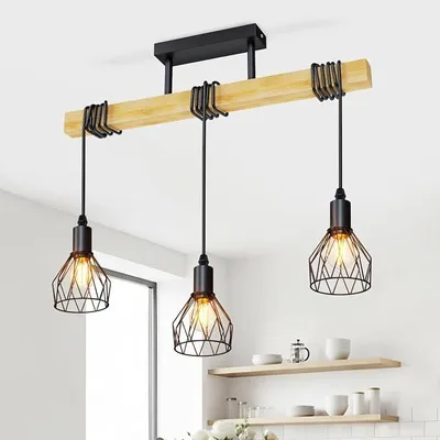 Image de Suspension 3 lumières, douille E14, lampe pour table à manger, suspension pour plafond, lampe de cuisine, style vintage, lampe pour salon, suspension pour table à manger en bois, chambre à coucher, suspension pour table à manger, couleur noire, 52 cm (sans ampoule)