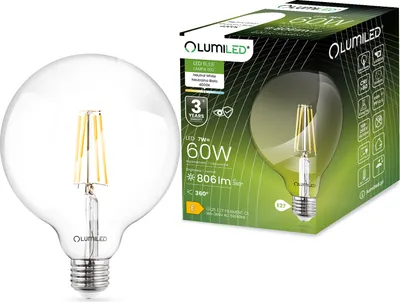 Produktbild von LUMILED G125 E27 LED lampa vintage 7W (odpowiednik 60W) 806 Lm przezroczysta szklana żarówka sferyczna 4000K neutralne białe światło kula ziemska żarówka retro 360° żarówki żarnik