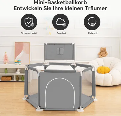 Produktbild von Baby Laufgitter Kindern Laufstall Absperrgitter Aktivitätszentrum für Kinder im Innen- und Außenbereich mit Rutschfester Basis, atmungsaktivem Netz, grau