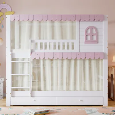 A white bunk bed with pink scalloped trim and a house-shaped window detail, set against a light pink wall.