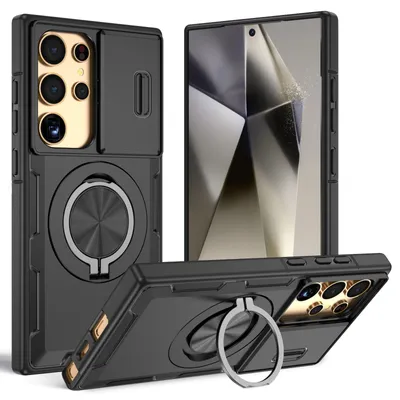 Obrázek produktu pro Magnetické pouzdro pro Samsung Galaxy S24 Ultra, ochranné pouzdro s ochranou fotoaparátu a kroužkovým stojánkem Černá
