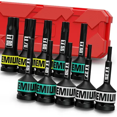 Productafbeelding van Set van 10 Torx-doppen, 1/2 inch, maten T25-T80, gemaakt van chroom-molybdeenstaal