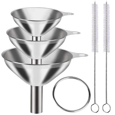 Produktbild von 6-teiliger Trichter aus Metall und Edelstahl, großes und kleines Trichter-Set mit 3 Stück, Mini-Trichter in Lebensmittelqualität für den Einsatz in der Küche, zum Befüllen von Flaschen und Thermoskannen, zum Kochen, 2 Bürsten