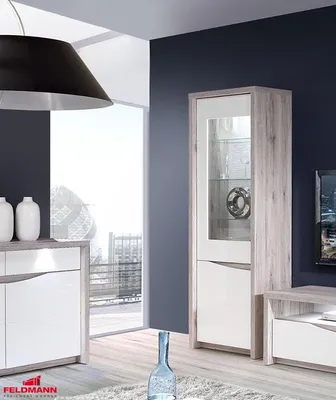 Produktbild von Vitrine Standvitrine sandeiche weiß hochglanz Schrank Modern