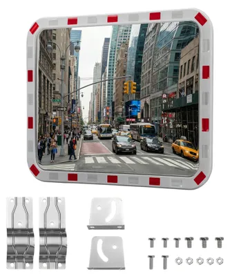Produktbild von Wiltec Verkehrsspiegel 70 x 90 cm konvex, eckiger Sicherheitsspiegel mit rot-weißen Reflektorstreifen, bruchsicherer Konvexspiegel aus Kunststoff, Überwachungsspiegel für Ausfahrten