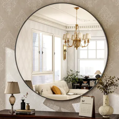 Image de Miroir rond HARRITPURE, 76,2 cm, à fixer au mur, miroir de maquillage avec finition brossée