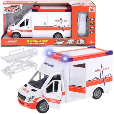 Immagine prodotto di Ambulanza con barella + suono e luce Jokomisiada auto giocattolo Età: 3+, Materiale: plastica, Batterie: sì, Condizione: Nuovo, Tipo di merce: Veicoli speciali