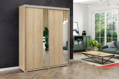 A modern bedroom or living room with a sliding door wardrobe.