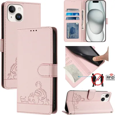 Produktbild von Leder Hülle für iPhone 13 / iPhone 14 Süße Katze Flip Case Brieftasche Schutzhülle mit Standfunktion Pink
