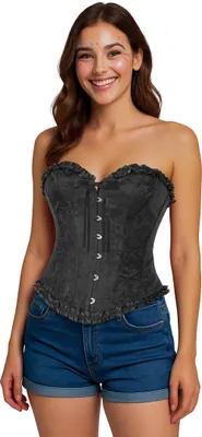 Productafbeelding van Korset met ruches, zwart, in barokstijl, geschikt voor Halloween, gothic kostuums of carnaval. Maat: L