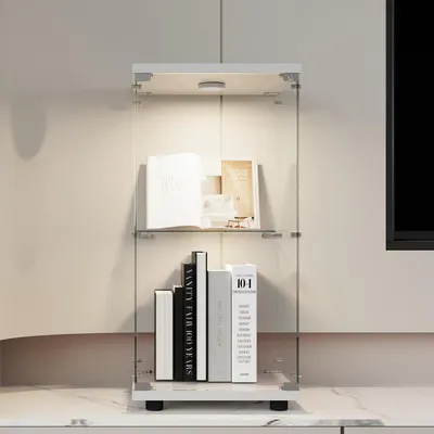 Zdjęcie produktu dla Szafka szklana z oświetleniem LED, 164 cm, podstawa, 2 drzwi, 4 półki, przezroczysta, biała