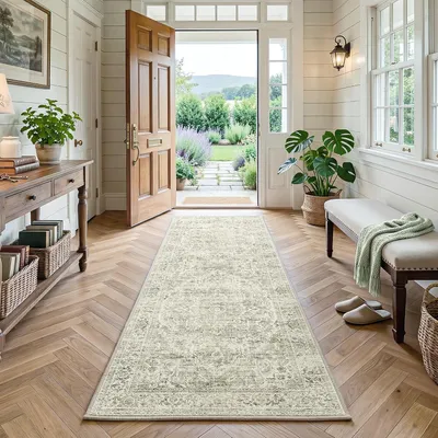 Obrázek produktu pro Koberec v zelené barvě, rozměry 60 x 180 cm, pratelný, s retro vzorem medailonů a protiskluzovou spodní stranou
