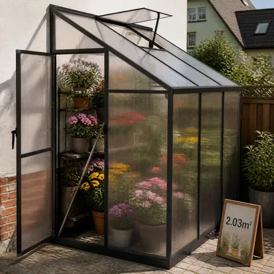 Obrázek produktu pro Skleník UISEBRT, přilehlý ke zdi, rozměry 185x110x195 cm, zahradní skleník s hliníkovým rámem, nastavitelným střešním oknem, vhodný pro pěstování rostlin, plocha 2,03 m²