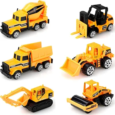 Produktbild von Miniatur-Baufahrzeuge 6 Stück, Bagger, Bulldozer, Betonmischer, Dumper, Gabelstapler, für Kinder ab 3 Jahren
