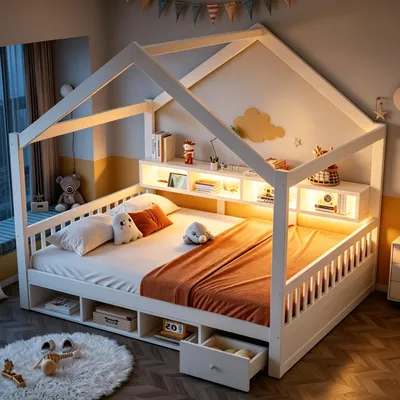 Productafbeelding van Multifunctioneel bed 140 x 200 cm met dakframe, planken, opbergruimtes, lades, LED-verlichting, stopcontacten en lattenbodem, wit