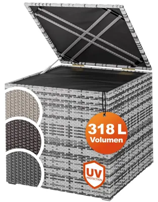 Produktbild von CASARIA® Auflagenbox 318L Polyrattan - Wetterfeste Garten Aufbewahrungsbox für Kissen & Sitzauflagen 75x75x70cm, für Balkon, Terrasse und Garten, UV-beständig Grau