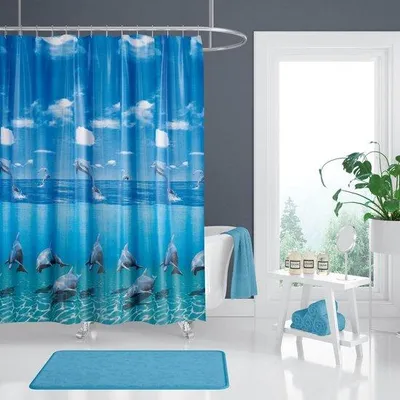 Obrázok produktu pre Vodotesná sprchová záclona, 180 x 200 cm, odolná proti plesniam, antibakteriálna, kúpeľňová záclona, prateľná látka, kúpeľňová záclona, polyester, kúpeľňová záclona s 12 krúžkami, delfín