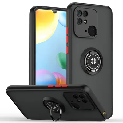 Immagine prodotto di Custodia per Xiaomi Redmi 10C opaca traslucida in TPU con supporto ad anello e supporto Nero Rosso