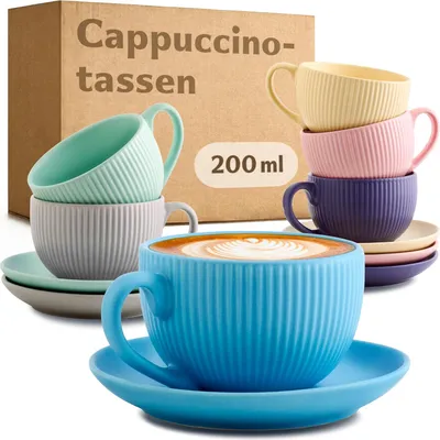 Immagine prodotto di Tazze da cappuccino colorate con piattini - Set di 6 - 200ml