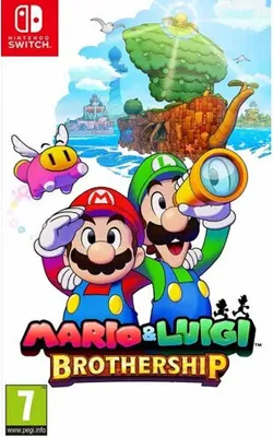The cover art for the video game Mario & Luigi: Bruderschaft, featuring the characters Mario and Luigi, a pink creature, and a scenic background.