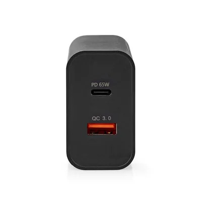 Produktbild von Nedis Netzladegerät - 65 W - 2.0 / 2.25 A / 3.25 A A - Anzahl der Ausgänge: 2 - USB-A / USB-C - Automatische Spannungswahl - Schwarz