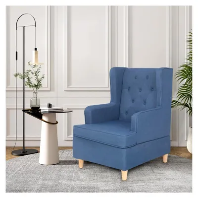 Produktbild von Ohrensessel Loungesessel Einzelsofa mit Leinenstoff und Holzbeinen, Blau