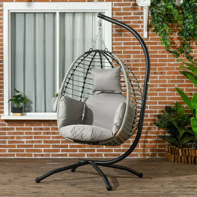 Produktbild von Hängesessel mit Gestell klappbar, Egg Chair mit Kissen, Hängestuhl Stahl, Grau | 110 x 100 x 188 cm | 23,6 kg | bis 120 kg