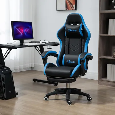 Produktbild von Bürostuhl Gaming, Schreibtischstuhl mit Fußstütze, Gamingstuhl Kunstleder, Schwarz+Blau | 65×65×129 cm | 135° Neigung | höhenverstellbar