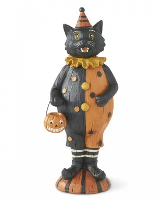 Produktbild von Vintage Kätzchen mit Kürbis Eimerchen als Halloween Dekofigur 31cm