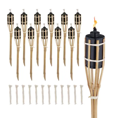 Produktbild von Relaxdays Gartenfackeln für draußen, 12er Set, 50 cm, Bambusfackeln Gartenparty Deko, Ölfackeln mit Ersatzdocht, natur