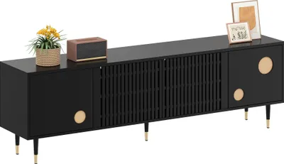 Obrázek produktu pro TV skříňka Sweiko, TV nábytek s mřížkovou strukturou, skryté úchytky, zlatý Imitace. Nábytek do obývacího pokoje. Dvoje dveře z masivního dřeva