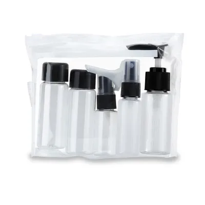 Produktbild von Intirilife Flaschen Set in SCHWARZ TRANSPARENT – 6 teiliges Set mit leeren Flaschen und Trichter zum Nachfüllen, zum Reisen, für Pröbchen etc. TSA Genehmigtes Gepäck