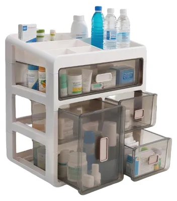 Immagine prodotto di Contenitore portatile - Scatola per medicinali con 4 cassetti - Kit di pronto soccorso - Trasparente - Plastica - 28 x 20 x 32 cm