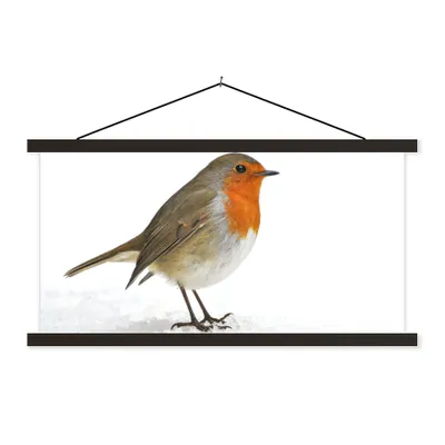 Produktbild von MuchoWow® Textilposter Rotkehlchen - Schnee - Weiß 150x75 cm mit schwarzem Rahmen - Posterleiste