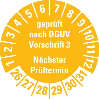Produktbild von Dreifke® Prüfplakette Gepr.n. DGUV Vorschrift 3 26-31, gelb, Schachbrettfolie...