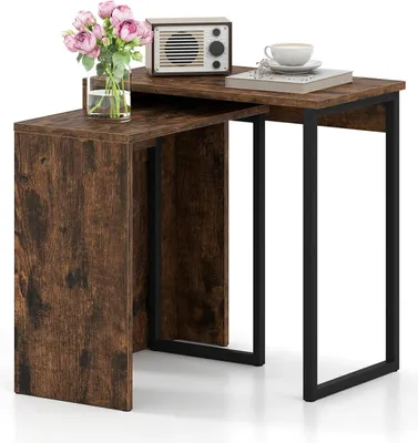 Image de Table basse - Lot de 2 tables d'appoint - Plateau en bois - Structure métallique robuste - Pour le salon ou comme table de chevet - Marron