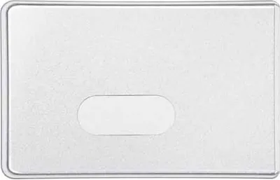 A clear, front-facing image of a clear plastic card holder with a frosted finish and an oval cutout.