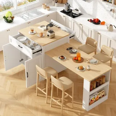 Produktbild von Kücheninsel mit ausziehbarem Stehtisch, Küchen-Esswagen mit Stauraum, 133–202×70×93,5 cm, 2 Schubladen und 2 Fächern, Seitenablagen, Weiß für Küche, Esszimmer und Wohnzimmer